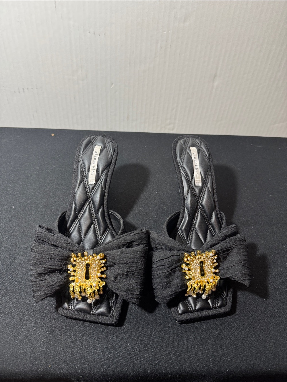 Gianni Bini Black Bow Slide Heels with Gold Embellishment - Picture 2 of 5